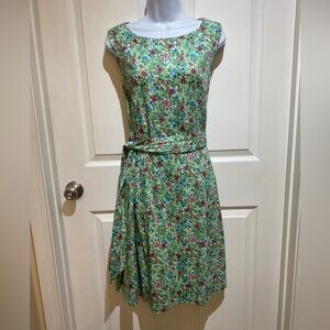 Anne Klein Floral A-line Dress Sz 14 Green Sash Lined Retro Boat Neck 50s Pocket